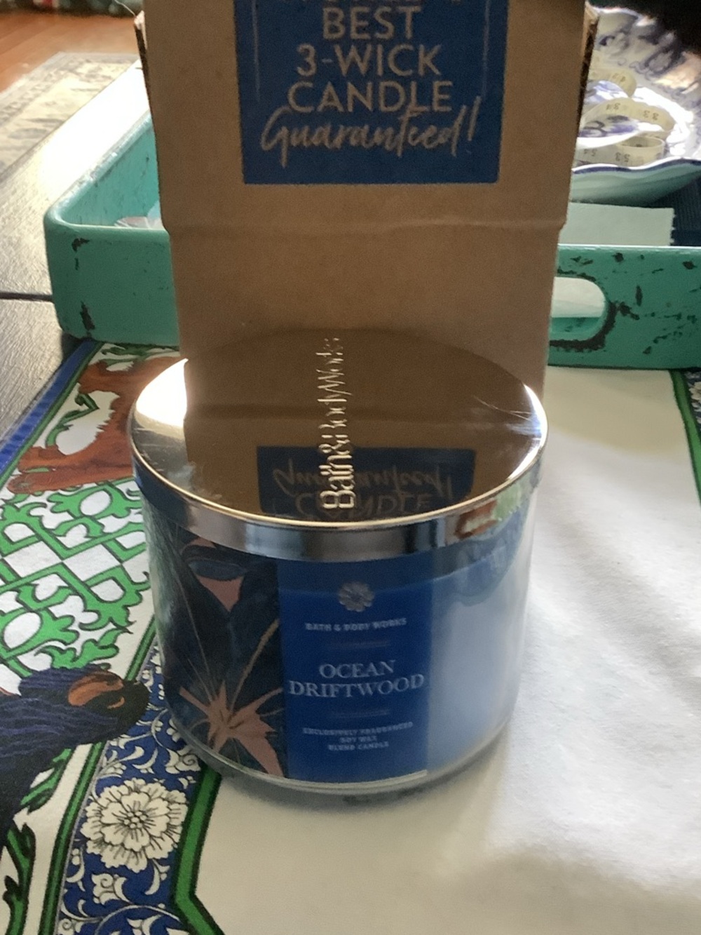 Bath & Body Works Ocean‎ Driftwood 3-Wick Candle - Blue with Gold Lid